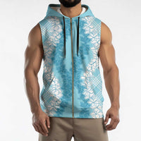 Hawaii Aloha Plumeria Lei Turquoise Palaka Sleeveless Zip Hoodie - Polynesian Pride