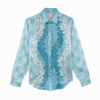 Hawaii Aloha Plumeria Lei Turquoise Palaka Women Casual Shirt - Polynesian Pride