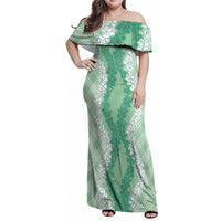 Hawaii Aloha Plumeria Lei Mint Palaka Family Matching Off Shoulder Maxi Dress and Hawaiian Shirt - Polynesian Pride