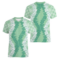 Hawaii Aloha Plumeria Lei Mint Palaka Women V-Neck T-Shirt LT7 - Polynesian Pride