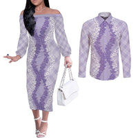 Hawaii Aloha Plumeria Lei Lavender Palaka Couples Matching Off The Shoulder Long Sleeve Dress and Long Sleeve Button Shirt - Polynesian Pride