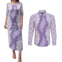 Hawaii Aloha Plumeria Lei Lavender Palaka Couples Matching Puletasi and Long Sleeve Button Shirt LT7 Lavender - Polynesian Pride