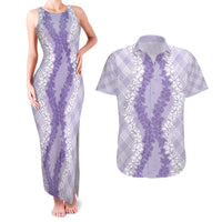 Hawaii Aloha Plumeria Lei Lavender Palaka Couples Matching Tank Maxi Dress and Hawaiian Shirt - Polynesian Pride