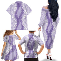 Hawaii Aloha Plumeria Lei Lavender Palaka Family Matching Off The Shoulder Long Sleeve Dress and Hawaiian Shirt - Polynesian Pride