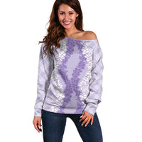 Hawaii Aloha Plumeria Lei Lavender Palaka Off Shoulder Sweater - Polynesian Pride
