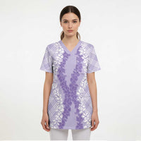 Hawaii Aloha Plumeria Lei Lavender Palaka Scrub Top - Polynesian Pride
