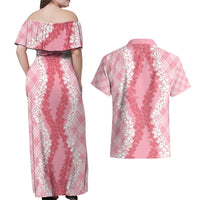 Hawaii Aloha Plumeria Lei Pink Palaka Couples Matching Off Shoulder Maxi Dress and Hawaiian Shirt - Polynesian Pride