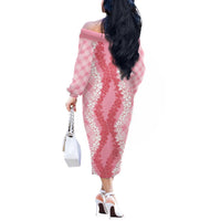 Hawaii Aloha Plumeria Lei Pink Palaka Off The Shoulder Long Sleeve Dress - Polynesian Pride