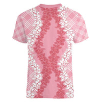 Hawaii Aloha Plumeria Lei Pink Palaka Women V-Neck T-Shirt - Polynesian Pride