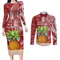 Mele Kalikimaka Hawaii Christmas Couples Matching Long Sleeve Bodycon Dress and Long Sleeve Button Shirt Pineapple Party LT7 Red - Polynesian Pride
