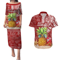 Mele Kalikimaka Hawaii Christmas Couples Matching Puletasi Dress and Hawaiian Shirt Pineapple Party LT7 Red - Polynesian Pride