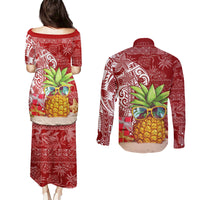 Mele Kalikimaka Hawaii Christmas Couples Matching Puletasi Dress and Long Sleeve Button Shirt Pineapple Party LT7 - Polynesian Pride
