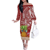 Mele Kalikimaka Hawaii Christmas Family Matching Off Shoulder Long Sleeve Dress and Hawaiian Shirt Pineapple Party LT7 Mom's Dress Red - Polynesian Pride