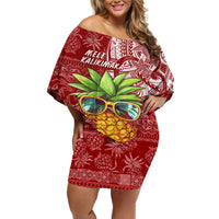 Mele Kalikimaka Hawaii Christmas Off Shoulder Short Dress Pineapple Party LT7 Women Red - Polynesian Pride