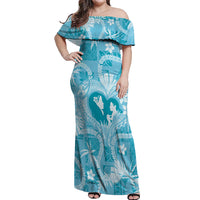 Hawaii Plumeria Off Shoulder Maxi Dress Hau'oli la Makuahine Turquoise LT7 Women Turquoise - Polynesian Pride