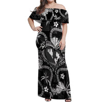 Hawaii Plumeria Off Shoulder Maxi Dress Hau'oli la Makuahine Monochrome LT7 Women Black - Polynesian Pride