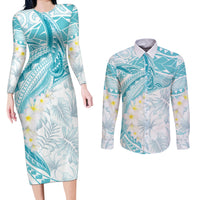 Polynesia Humpback Whale Couples Matching Long Sleeve Bodycon Dress and Long Sleeve Button Shirt Tropical Plumeria Turquoise