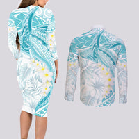 Polynesia Humpback Whale Couples Matching Long Sleeve Bodycon Dress and Long Sleeve Button Shirt Tropical Plumeria Turquoise
