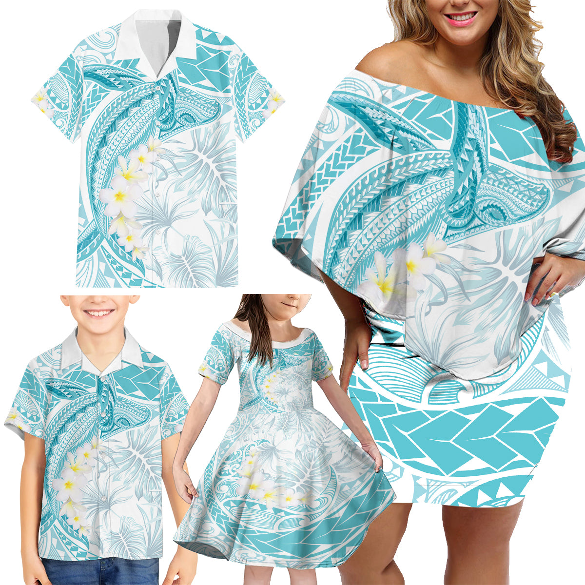 Polynesia Humpback Whale Family Matching Off Shoulder Short Dress and Hawaiian Shirt Tropical Plumeria Turquoise