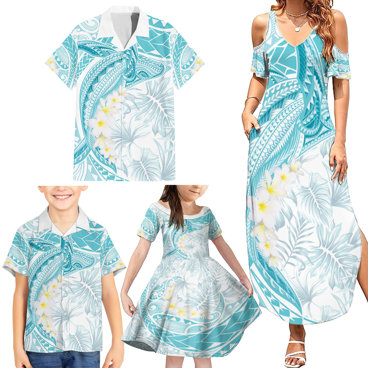 Polynesia Humpback Whale Family Matching Summer Maxi Dress and Hawaiian Shirt Tropical Plumeria Turquoise