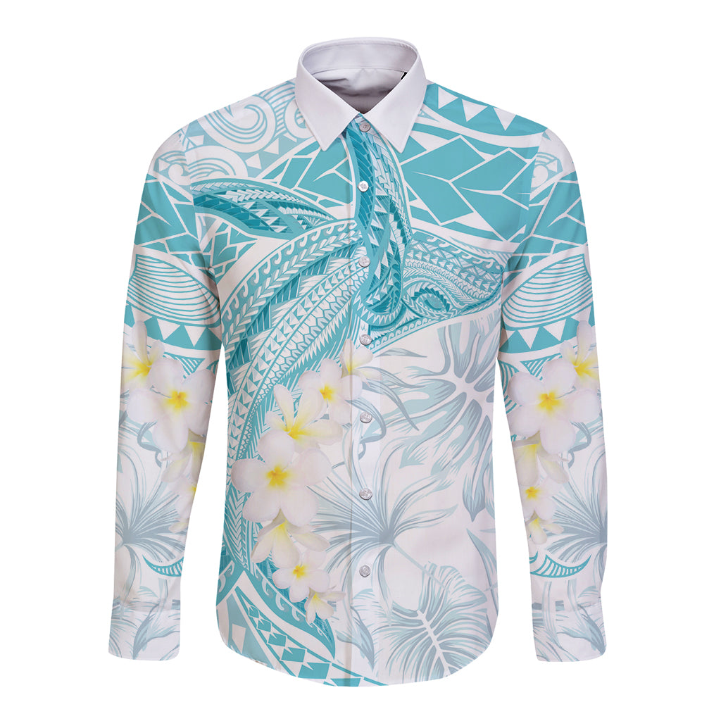 Polynesia Humpback Whale Long Sleeve Button Shirt Tropical Plumeria Turquoise