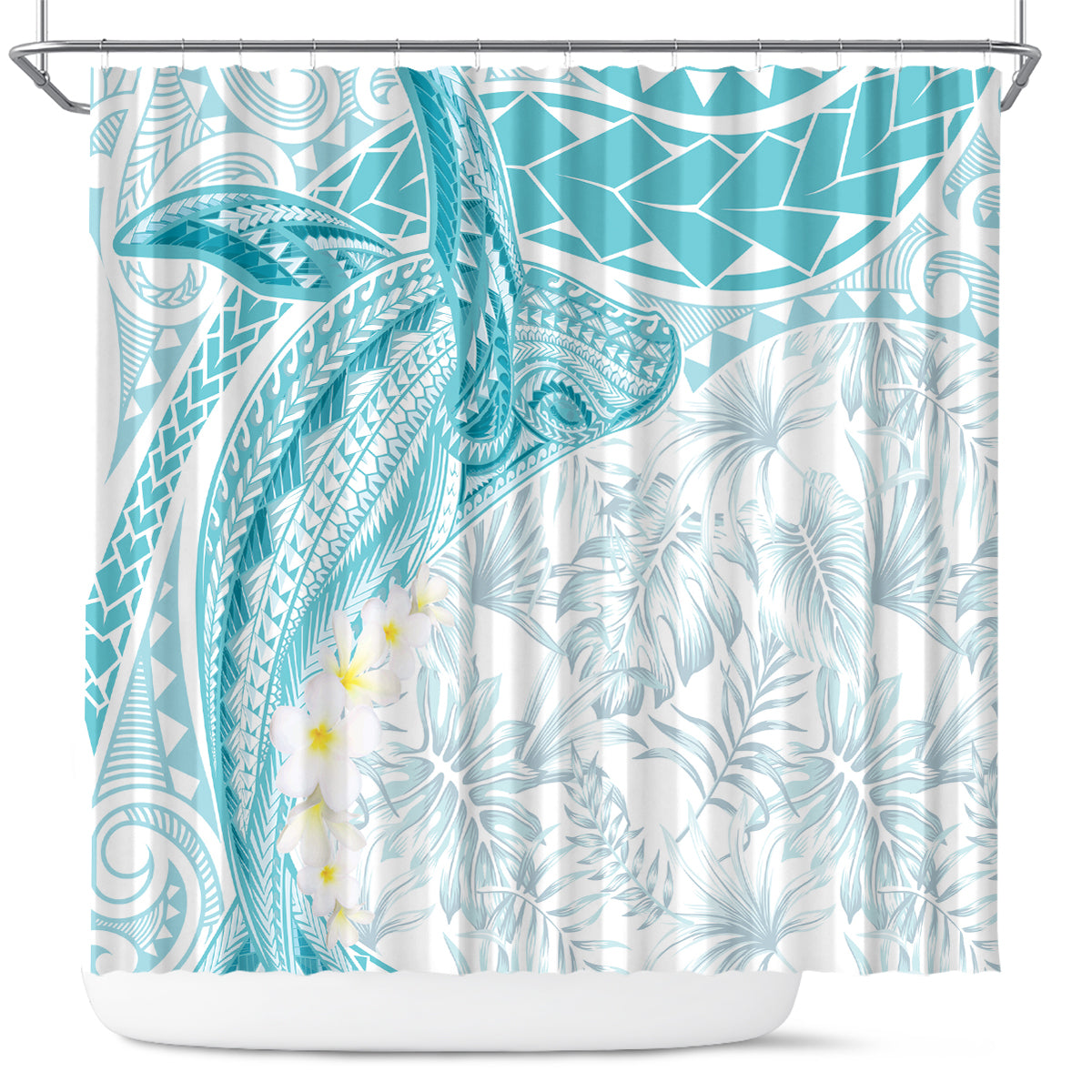 Polynesia Humpback Whale Shower Curtain Tropical Plumeria Turquoise