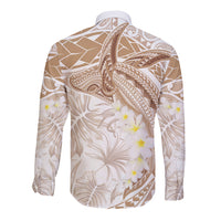 Polynesia Humpback Whale Long Sleeve Button Shirt Tropical Plumeria Beige