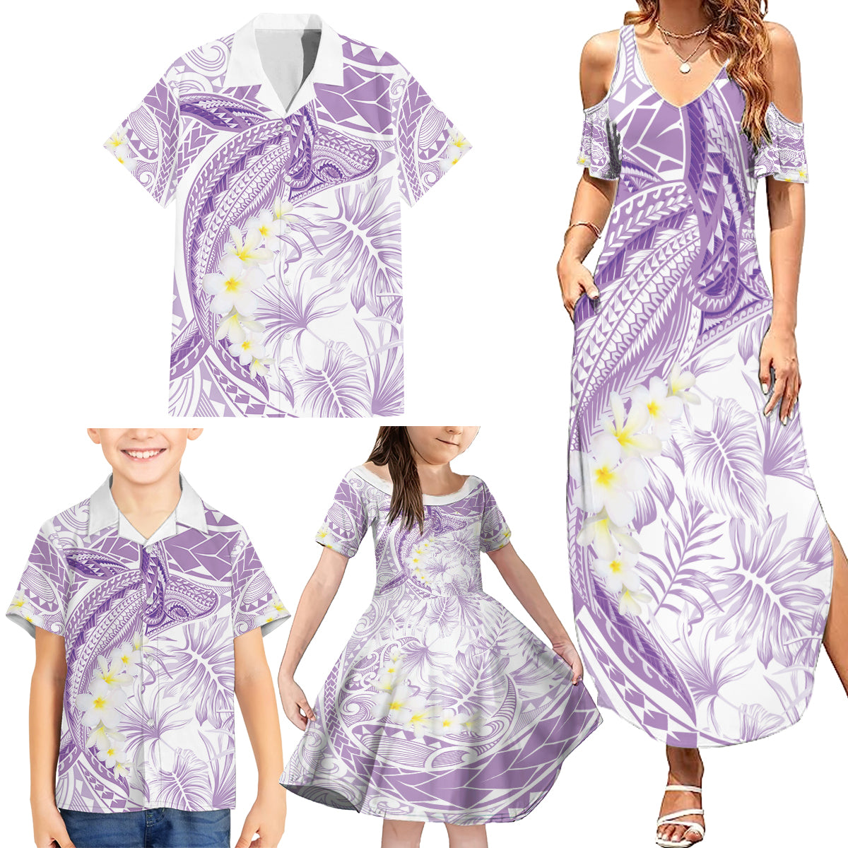 Polynesia Humpback Whale Family Matching Summer Maxi Dress and Hawaiian Shirt Tropical Plumeria Lavender