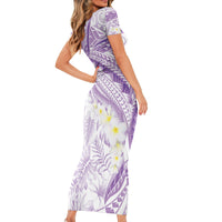 Polynesia Humpback Whale Short Sleeve Bodycon Dress Tropical Plumeria Lavender