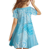 Aotearoa Maori Koru Curves Family Matching Off The Shoulder Long Sleeve Dress and Hawaiian Shirt Silver Ferns - Turquoise LT7 - Polynesian Pride