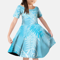 Aotearoa Maori Koru Curves Family Matching Puletasi and Hawaiian Shirt Silver Ferns - Turquoise LT7 Daughter's Dress Turquoise - Polynesian Pride
