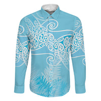 Aotearoa Maori Koru Curves Family Matching Summer Maxi Dress and Hawaiian Shirt Silver Ferns - Turquoise LT7 Dad's Shirt - Long Sleeve Turquoise - Polynesian Pride