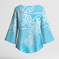Aotearoa Maori Koru Curves Kimono Sleeve Blouse Silver Ferns - Turquoise LT7 - Polynesian Pride