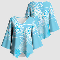 Aotearoa Maori Koru Curves Kimono Sleeve Blouse Silver Ferns - Turquoise LT7 - Polynesian Pride