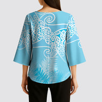 Aotearoa Maori Koru Curves Kimono Sleeve Blouse Silver Ferns - Turquoise LT7 - Polynesian Pride