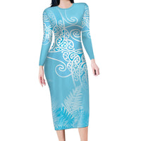 Aotearoa Maori Koru Curves Long Sleeve Bodycon Dress Silver Ferns - Turquoise LT7 Long Dress Turquoise - Polynesian Pride