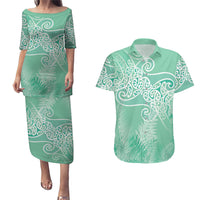 Aotearoa Maori Koru Curves Couples Matching Puletasi and Hawaiian Shirt Silver Ferns - Mint LT7 Mint Green - Polynesian Pride