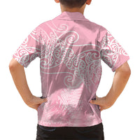 Aotearoa Maori Koru Curves Family Matching Off Shoulder Short Dress and Hawaiian Shirt Silver Ferns - Rose Pink LT7 - Polynesian Pride