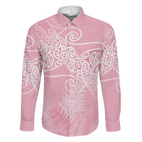 Aotearoa Maori Koru Curves Family Matching Puletasi and Hawaiian Shirt Silver Ferns - Rose Pink LT7 Dad's Shirt - Long Sleeve Pink - Polynesian Pride