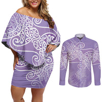 Aotearoa Maori Koru Curves Couples Matching Off Shoulder Short Dress and Long Sleeve Button Shirt Silver Ferns - Amethyst LT7 Purple - Polynesian Pride