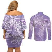 Aotearoa Maori Koru Curves Couples Matching Off Shoulder Short Dress and Long Sleeve Button Shirt Silver Ferns - Amethyst LT7 - Polynesian Pride