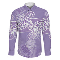 Aotearoa Maori Koru Curves Family Matching Tank Maxi Dress and Hawaiian Shirt Silver Ferns - Amethyst LT7 Dad's Shirt - Long Sleeve Purple - Polynesian Pride