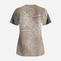 Aotearoa Maori Koru Curves Scrub Top Silver Ferns - Mocha LT7 - Polynesian Pride
