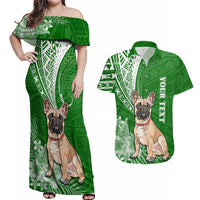 Personalised Polynesian Pacific Bulldog Couples Matching Off Shoulder Maxi Dress and Hawaiian Shirt With Emerald Hawaii Tribal Tattoo Patterns LT7 Green - Polynesian Pride