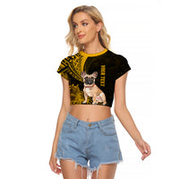 Personalised Polynesian Pacific Bulldog Raglan Cropped T Shirt With Gold Hawaii Tribal Tattoo Patterns LT7 Female Gold - Polynesian Pride