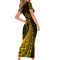 Personalised Polynesian Pacific Bulldog Short Sleeve Bodycon Dress With Gold Hawaii Tribal Tattoo Patterns LT7 - Polynesian Pride