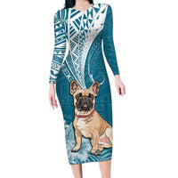 Personalised Polynesian Pacific Bulldog Long Sleeve Bodycon Dress With Teal Hawaii Tribal Tattoo Patterns LT7 Long Dress Teal - Polynesian Pride