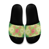 Hawaii Quilt Inspired Collection Aloha Flowers Slide Sandals Plumeria - Ti Leaf Lei