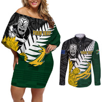 Personalised New Zealand Vs South Africa Rugby Couples Matching Off Shoulder Short Dress and Long Sleeve Button Shirts Rivals - Tribal Style LT7 Black Green - Polynesian Pride