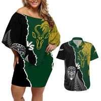 Personalised New Zealand Vs South Africa Rugby Couples Matching Off Shoulder Short Dress and Hawaiian Shirt Rivals Dynamics LT7 Black Green - Polynesian Pride